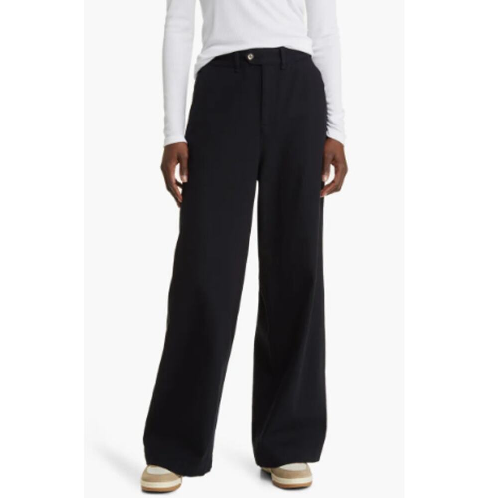 NEW TREASURE & BOND Black Twill Flat Front Wide-Leg Trousers Size S
